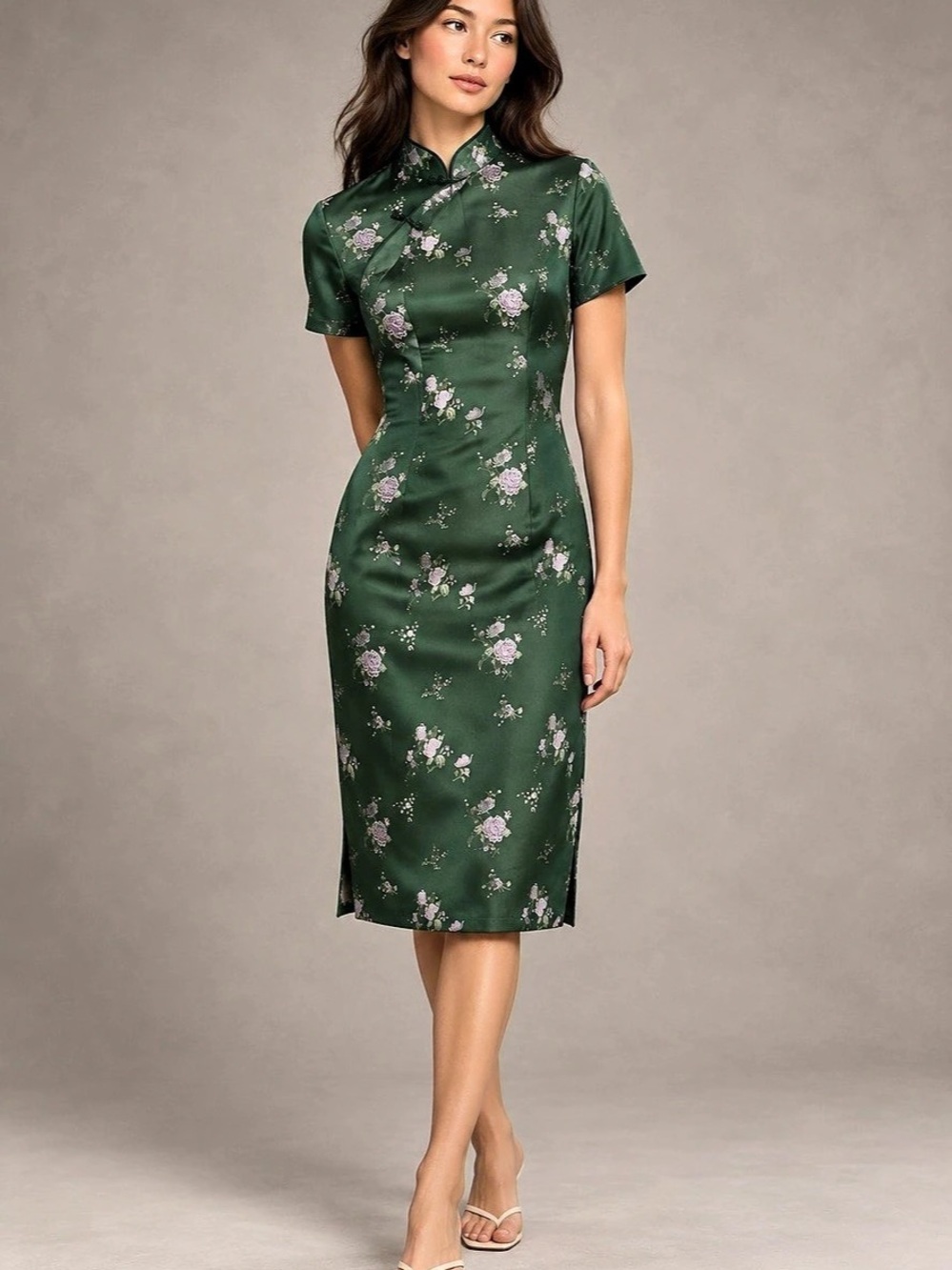 Green Floral Mandarin Collar Chinese Style Short Sleeve Sheath Dress